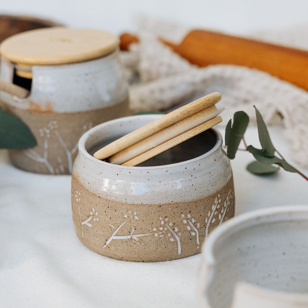 Pottery Sugar Dish - Ceramic Trinket Bowl - Carved Wildflower Dish with Lid in Glossy White