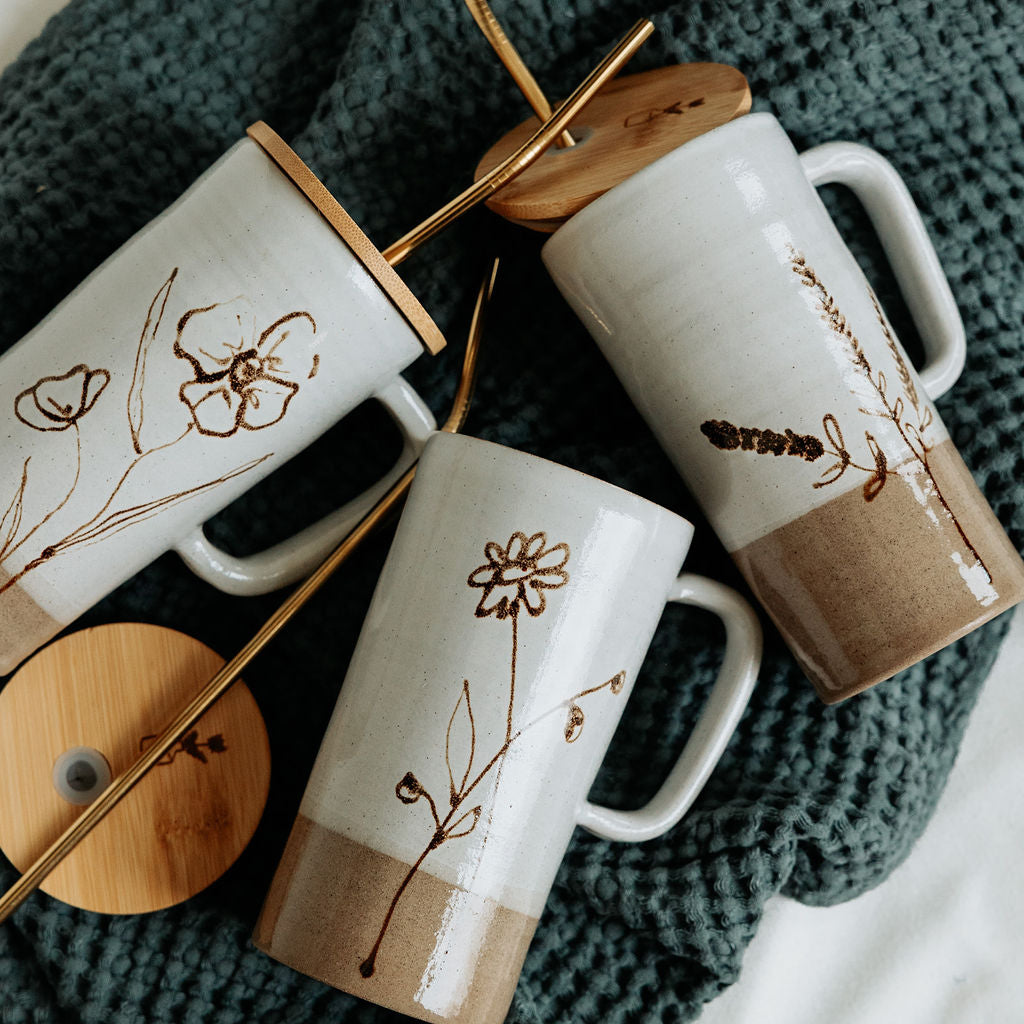 PREORDER - Handmade Pottery Lidded Mug in Floral Style