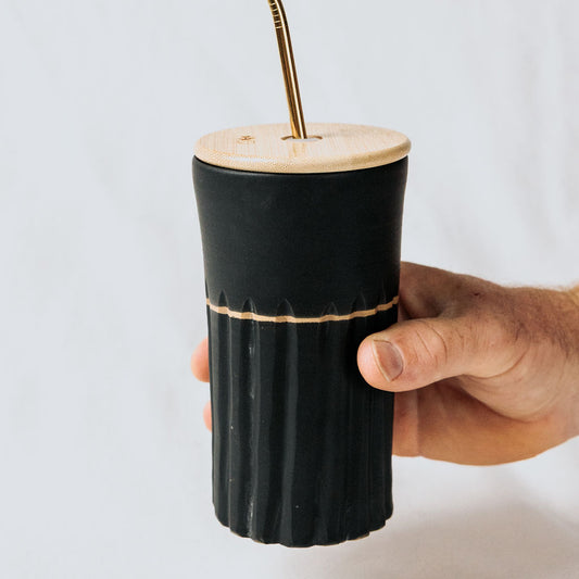 Iced Coffee To Go Cup - Product of Canada - Black Carved Pottery Mug Design Lidded