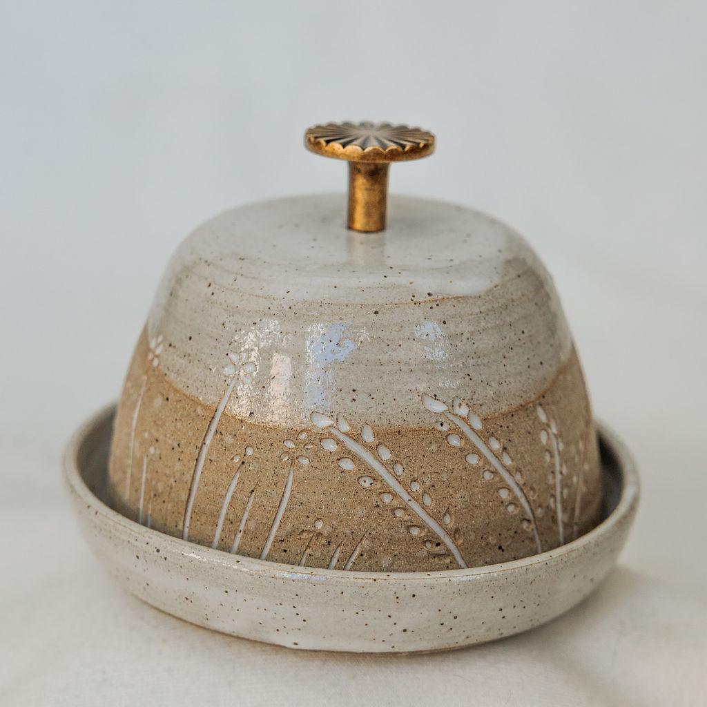 Pottery Butter Dish with Drawer Pull Knob - Carved Wildflower Collection