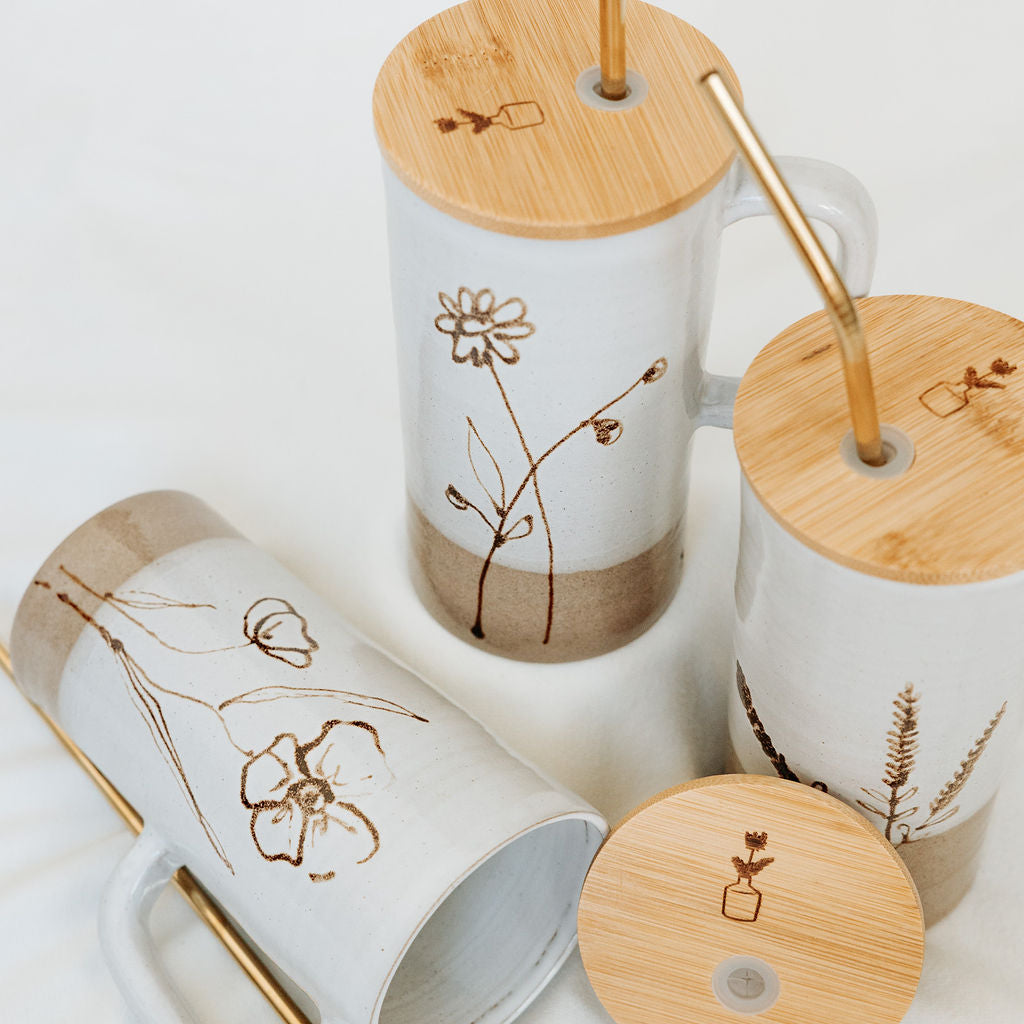 PREORDER - Handmade Pottery Lidded Mug in Floral Style