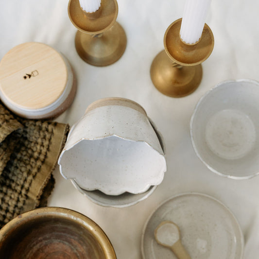 Scalloped Brown and White Pottery Bowl - Soup Bowl - Carved Ceramic Cereal Bowl