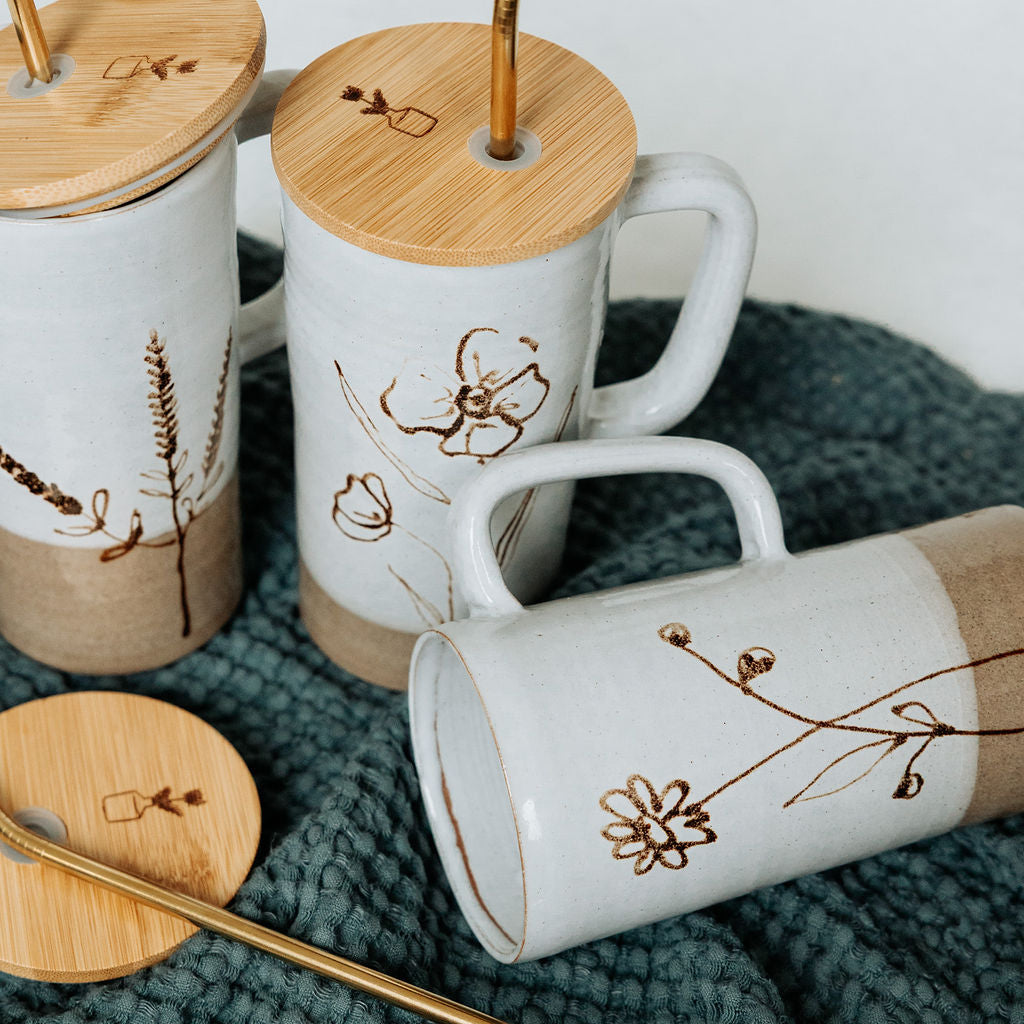 PREORDER - Handmade Pottery Lidded Mug in Floral Style