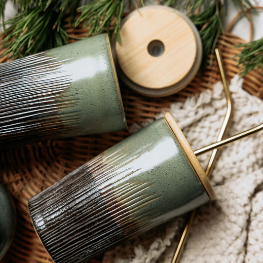 Iced Coffee To Go Cup - Product of Canada - Green Carved Pottery Mug Design Lidded