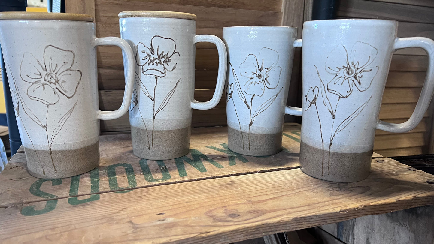 Iced Coffee Cups With Lids - Product of Canada - Floral Pottery Mug Design Lidded