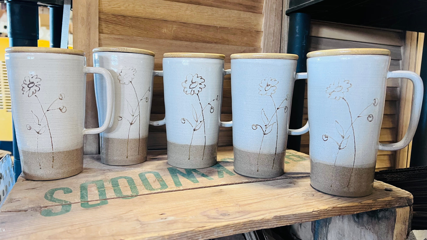 Iced Coffee Cups With Lids - Product of Canada - Floral Pottery Mug Design Lidded