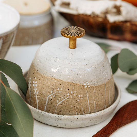 Pottery Butter Dish with Drawer Pull Knob - Carved Wildflower Collection