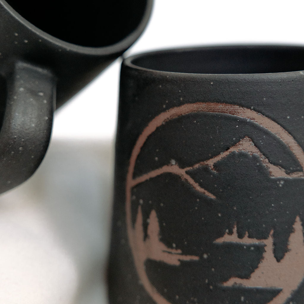 Mountain Mugs Pottery, Black Mugs, Mugs for men, Rustic Stoneware Coffee Mugs