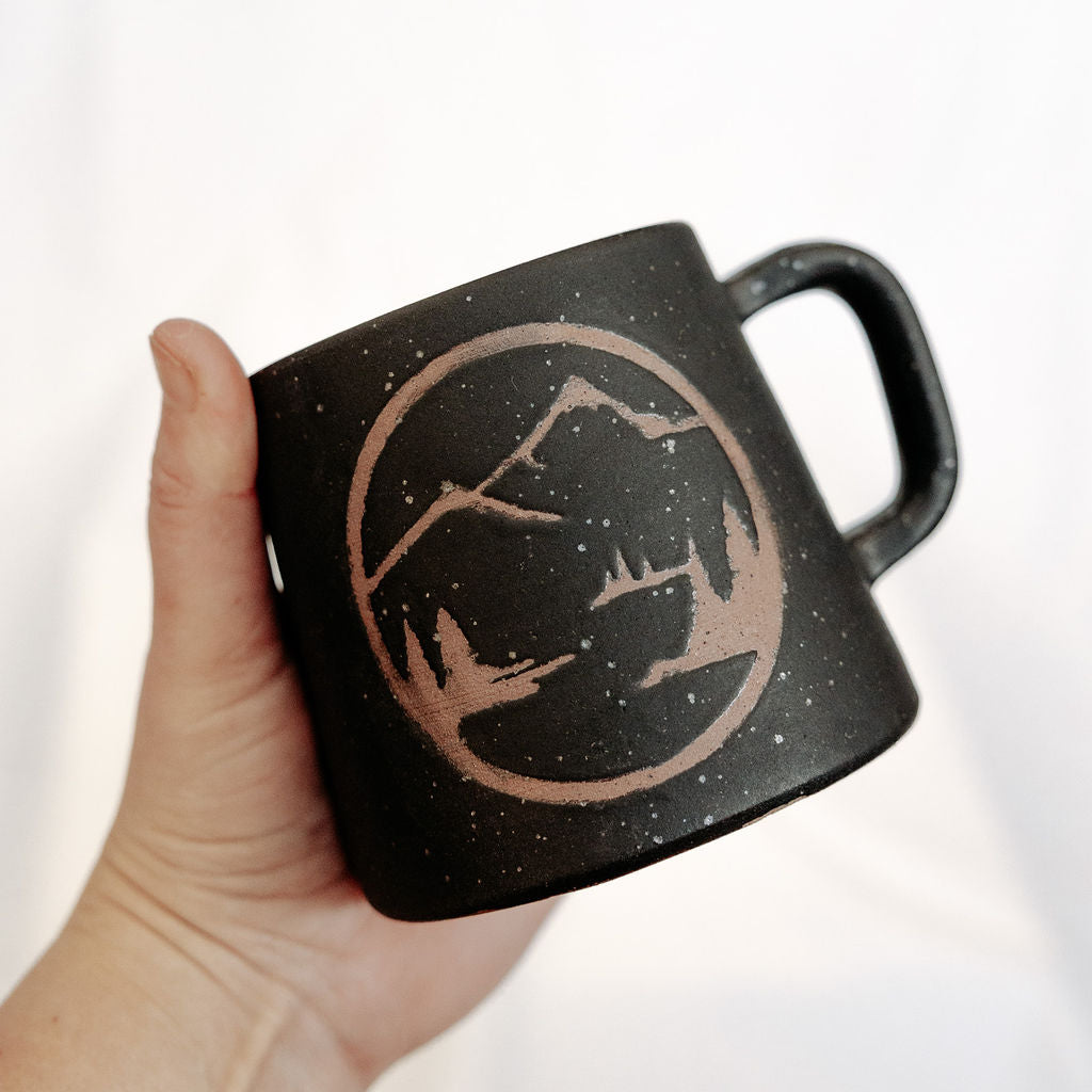 Mountain Mugs Pottery, Black Mugs, Mugs for men, Rustic Stoneware Coffee Mugs
