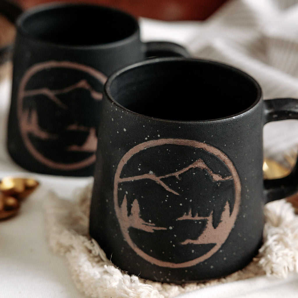 Mountain Mugs Pottery, Black Mugs, Mugs for men, Rustic Stoneware Coffee Mugs
