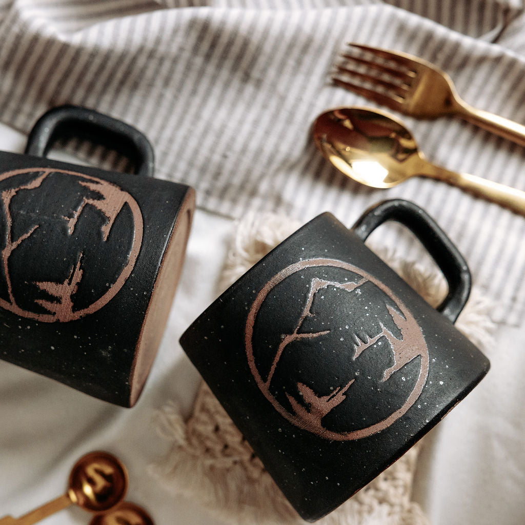 Mountain Mugs Pottery, Black Mugs, Mugs for men, Rustic Stoneware Coffee Mugs