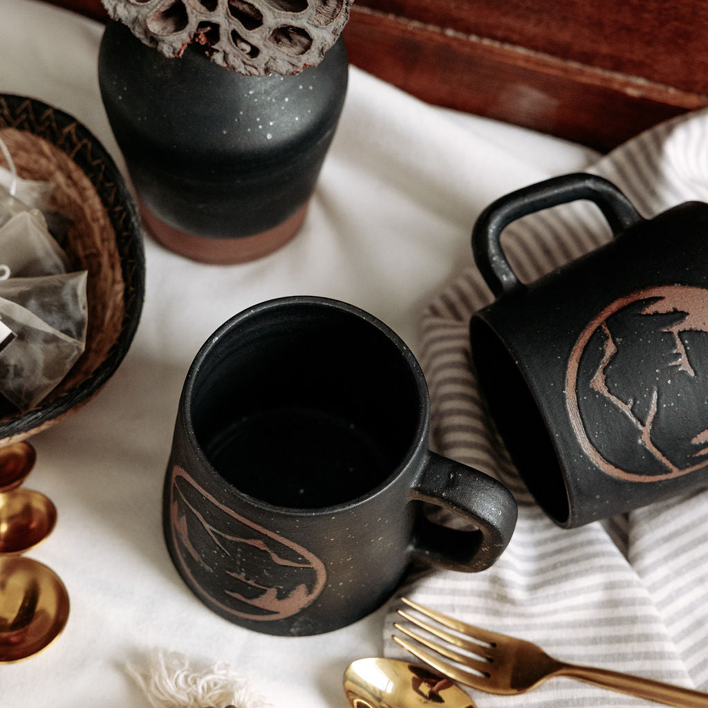 Mountain Mugs Pottery, Black Mugs, Mugs for men, Rustic Stoneware Coffee Mugs