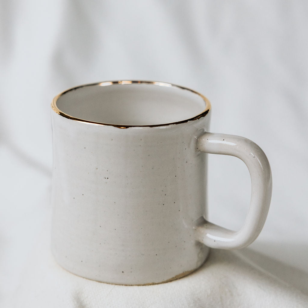 White and Gold Tea Cup, White Ceramic Cup, White Tea Mug, White Mug with Gold Rim