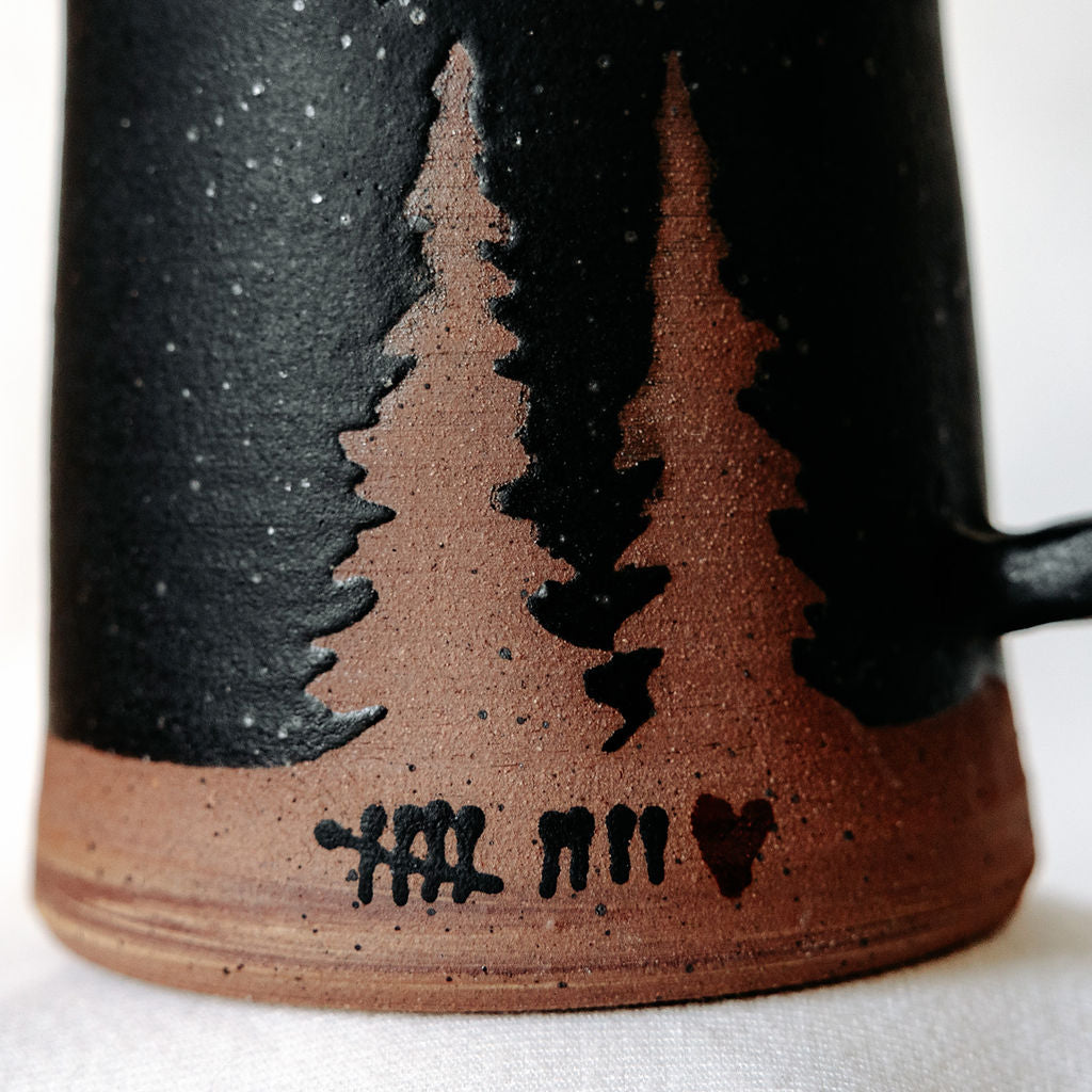 Evergreen or Pine Tree Coffee Pottery Mug with custom personalization available