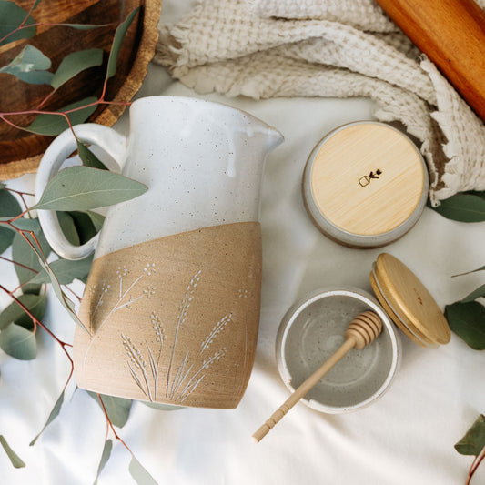 Carved Wildflower Pottery Pitcher | Ceramic Water Pitcher | Pitcher Vase | Ceramics Handmade | Tableware | Ceramics | Drinkware | Homeware | Pottery Pitcher