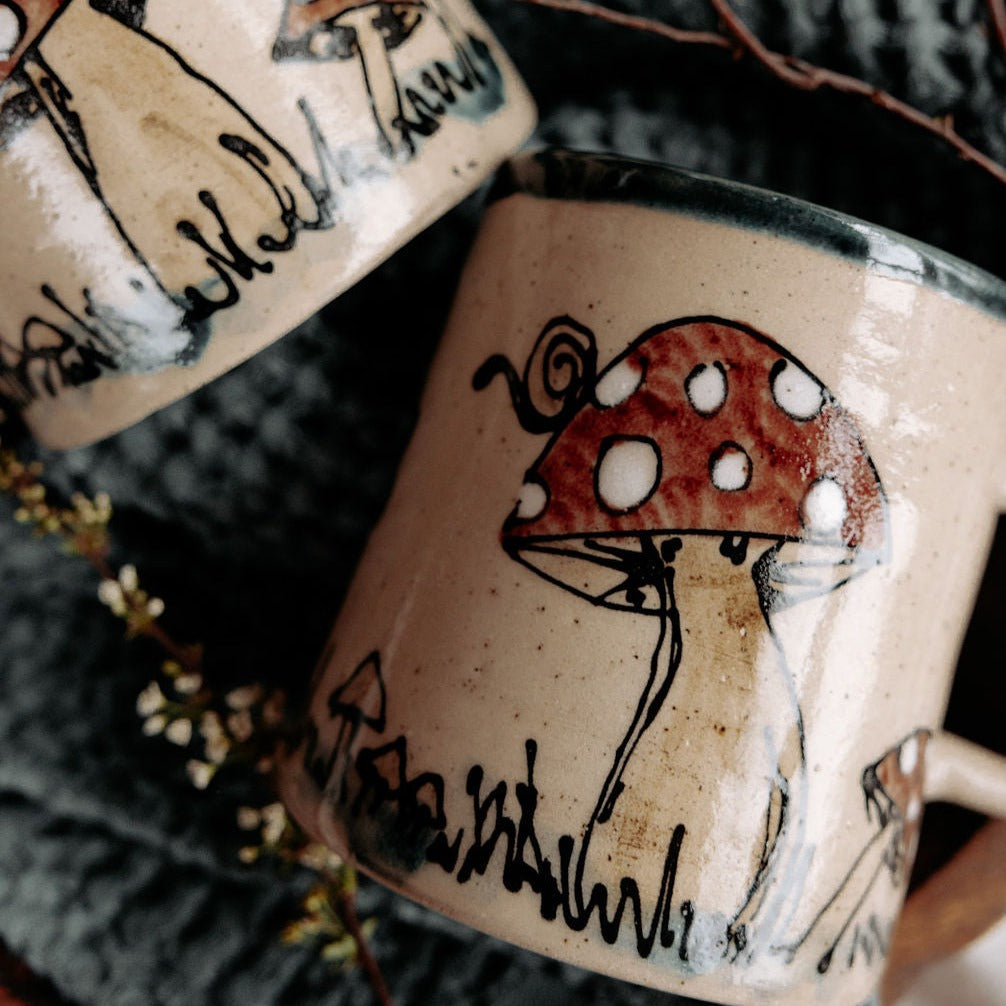Hand Drawn Mushroom Pottery Mug