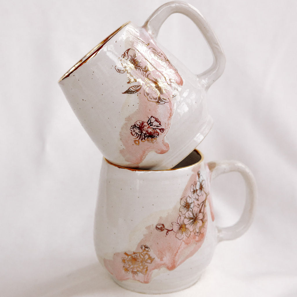 Pink Cherry Blossom Pottery Coffee Mug