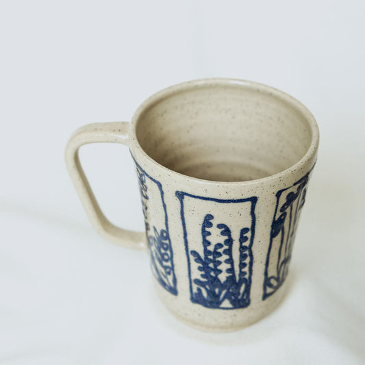 Handmade Botanical Pottery Mug - Made in Canada - Blue Floral Ceramic Coffee Cup - Wheel Thrown Stoneware Mug