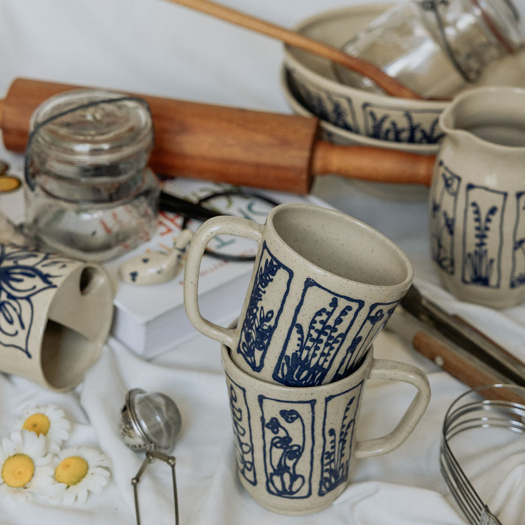 Handmade Botanical Pottery Mug - Made in Canada - Blue Floral Ceramic Coffee Cup - Wheel Thrown Stoneware Mug