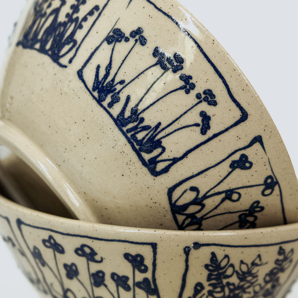 Handmade Large Botanical Pottery Bowl - Made in Canada - Blue Floral Ceramic Bowl - Wheel Thrown Stoneware Bowl