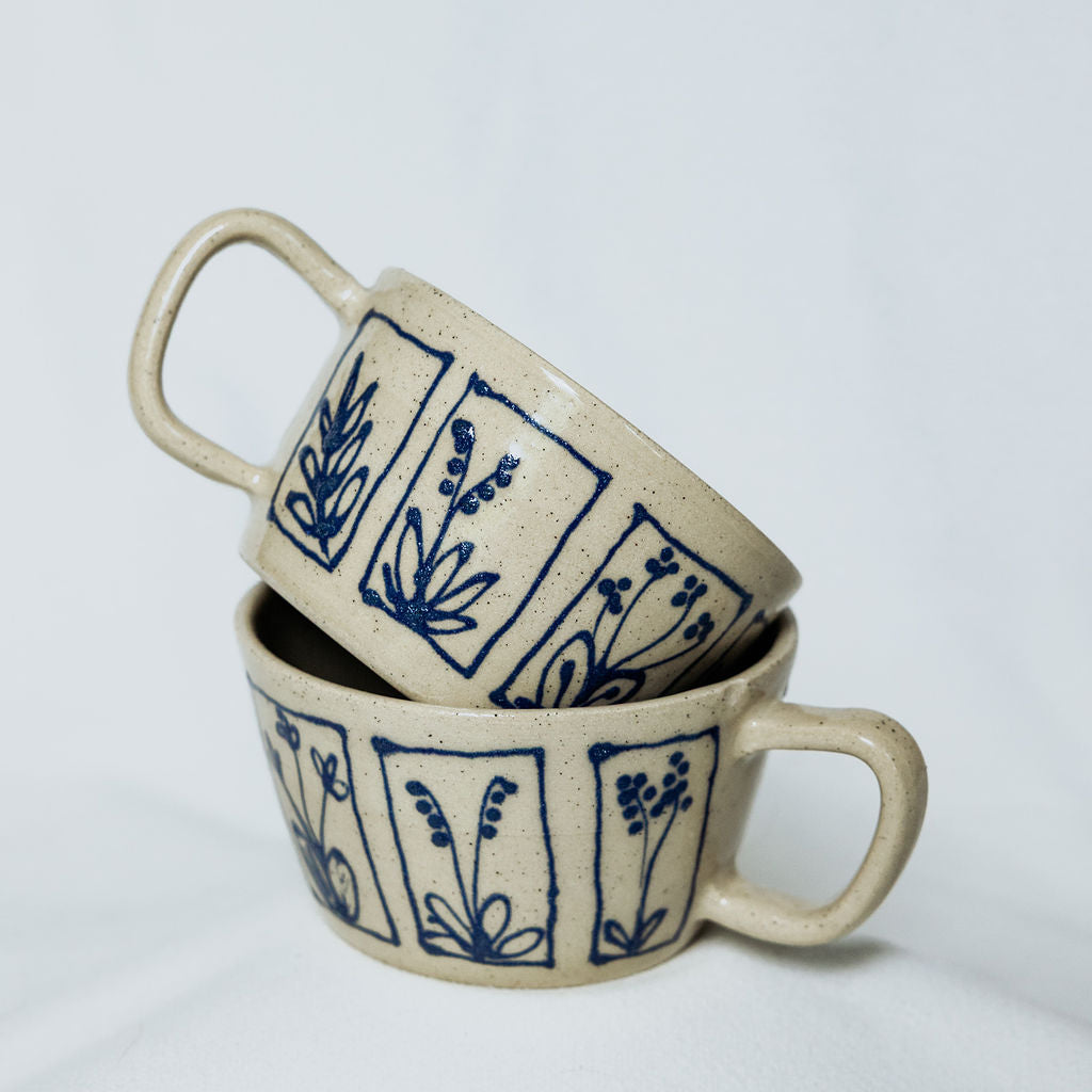 Handmade Botanical Pottery Latte Mug - Made in Canada - Blue Floral Ceramic Latte Cup - Wheel Thrown Stoneware Latte Mug