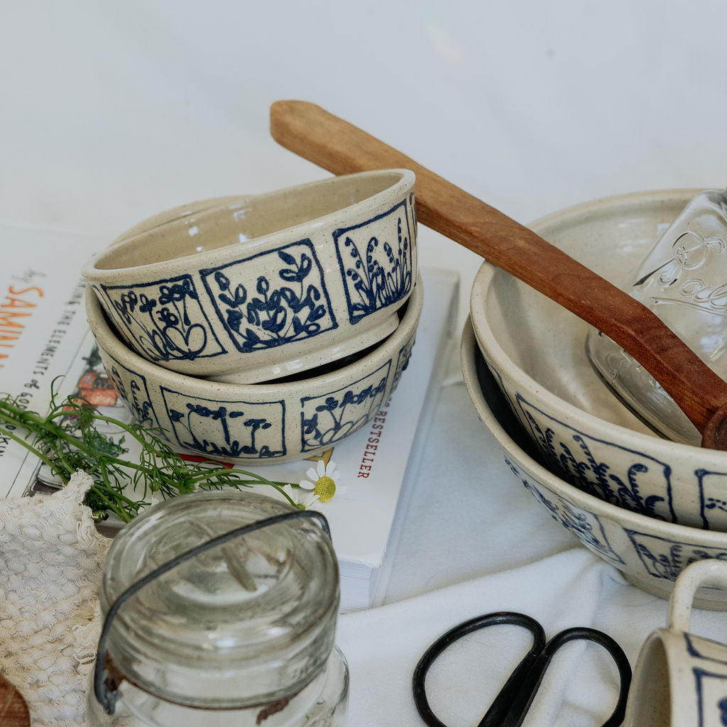 Handmade Medium Botanical Pottery Bowl - Made in Canada - Blue Floral Ceramic Bowl - Wheel Thrown Stoneware Bowl