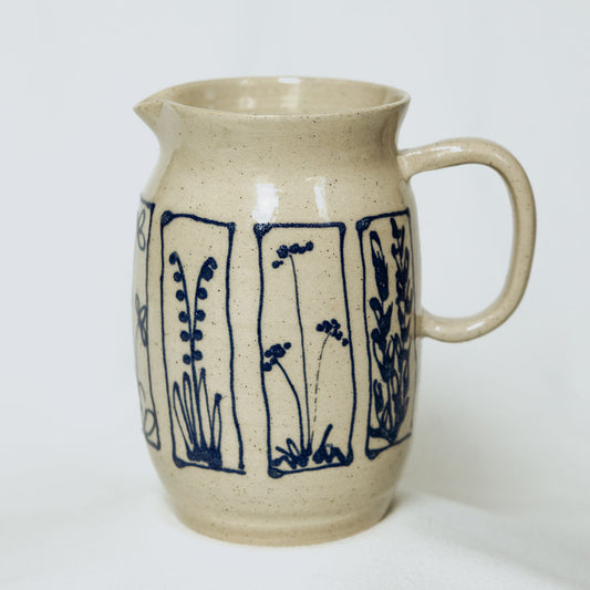 Handmade Botanical Pottery Pitcher - Made in Canada - Blue Floral Ceramic Syrup Pitcher - Wheel Thrown Stoneware Pitcher
