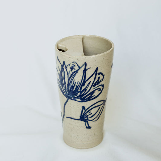 Iced Coffee To Go Cup - Product of Canada - Handmade Blue Floral To Go Mug