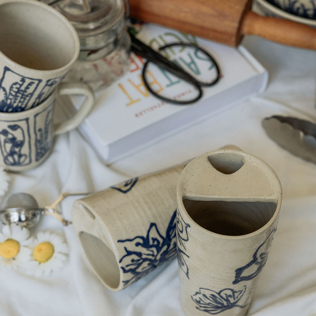 Iced Coffee To Go Cup - Product of Canada - Handmade Blue Floral To Go Mug