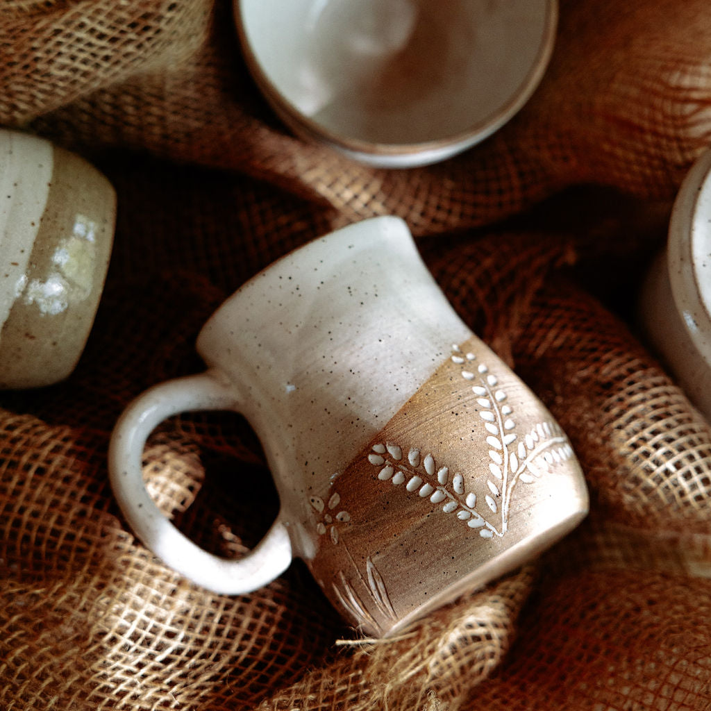Floral Pottery Mug, Carved Ceramic Mug, Carved Wildflower Mug