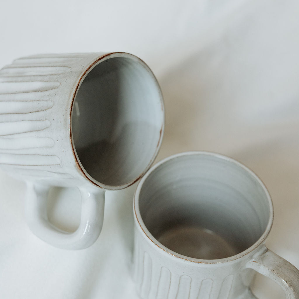 White Carved Mug - Carved Mugs - Pottery Handmade - Striped Mugs - Ceramic Mugs