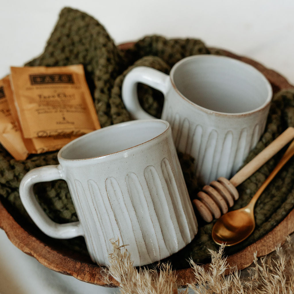 White Carved Mug - Carved Mugs - Pottery Handmade - Striped Mugs - Ceramic Mugs