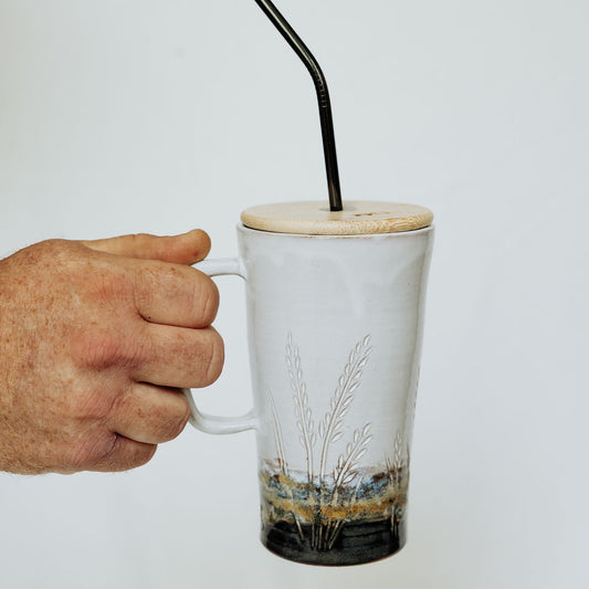 Iced Coffee To Go Cup - Product of Canada - Pottery Mug Design - Carved Wheat