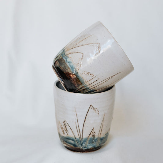 Pottery Cup, Ceramic Water Cup, Carved Wild Rice Cup, Handless Mug