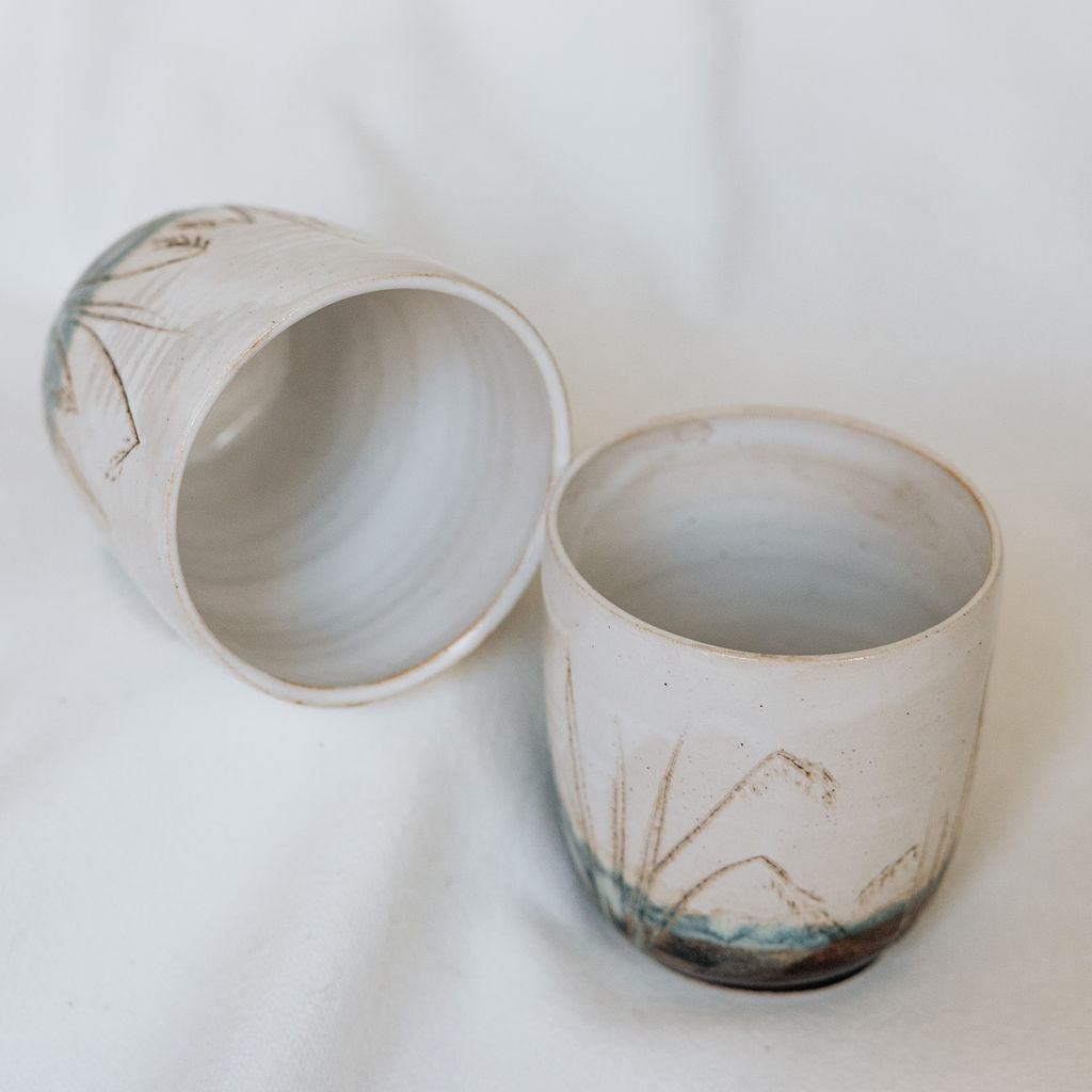 Pottery Cup, Ceramic Water Cup, Carved Wild Rice Cup, Handless Mug