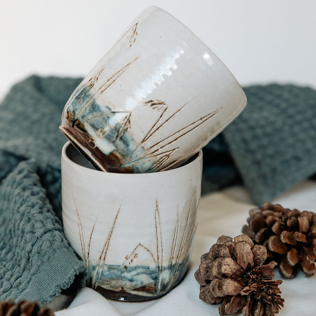 Pottery Cup, Ceramic Water Cup, Carved Wild Rice Cup, Handless Mug