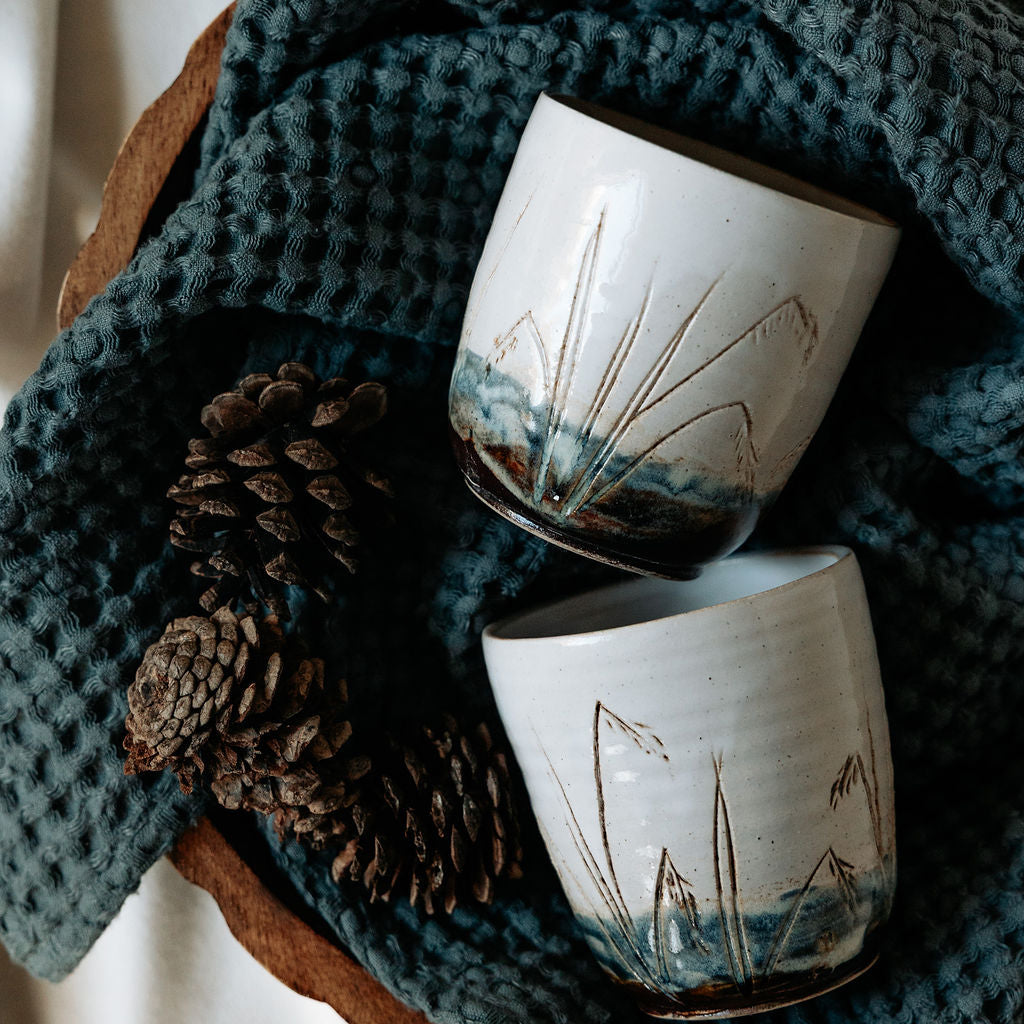 Pottery Cup, Ceramic Water Cup, Carved Wild Rice Cup, Handless Mug