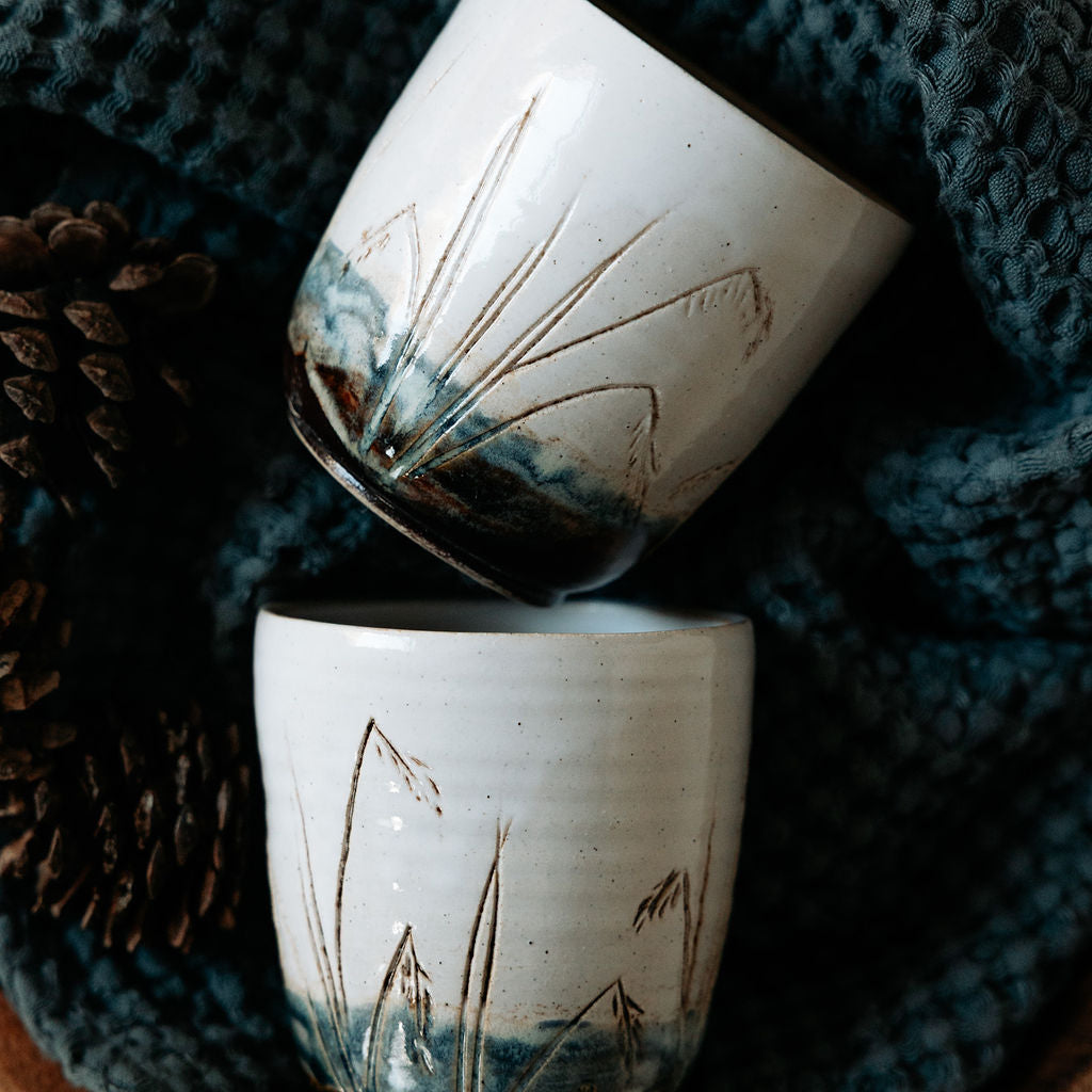 Pottery Cup, Ceramic Water Cup, Carved Wild Rice Cup, Handless Mug