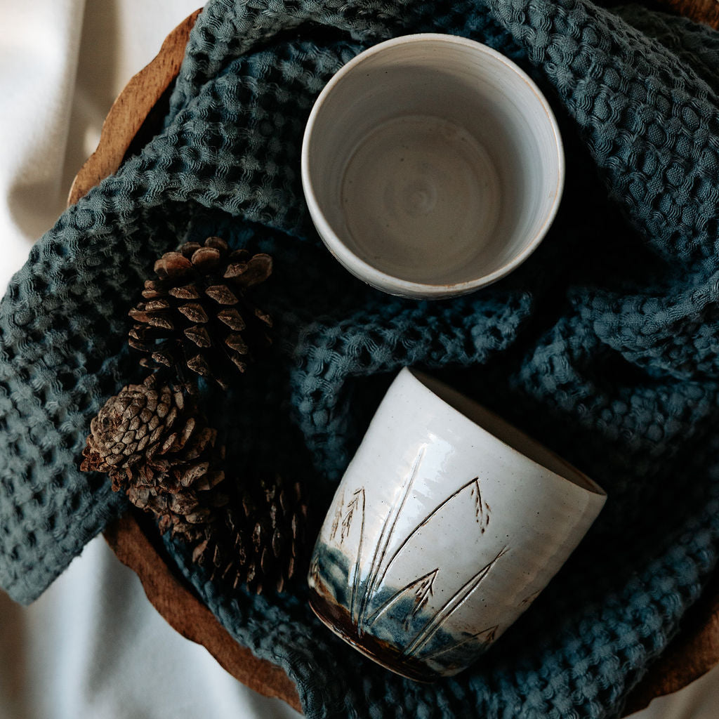 Pottery Cup, Ceramic Water Cup, Carved Wild Rice Cup, Handless Mug