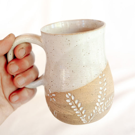 Floral Pottery Mug, Carved Ceramic Mug, Carved Wildflower Mug