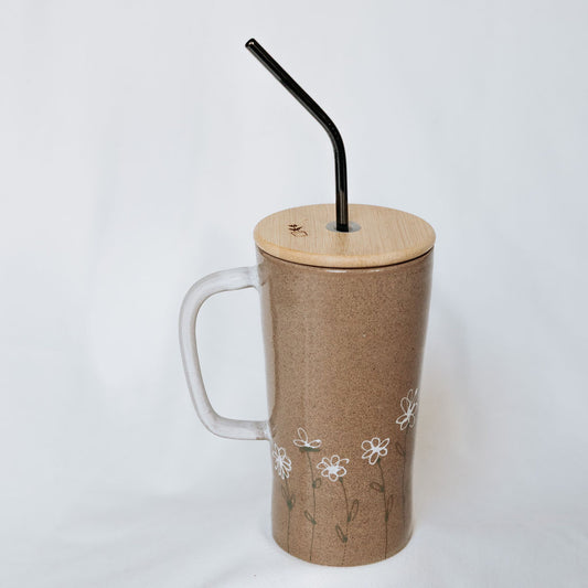 Iced Coffee To Go Cup - Product of Canada - Daisies Pottery Mug Design Lidded