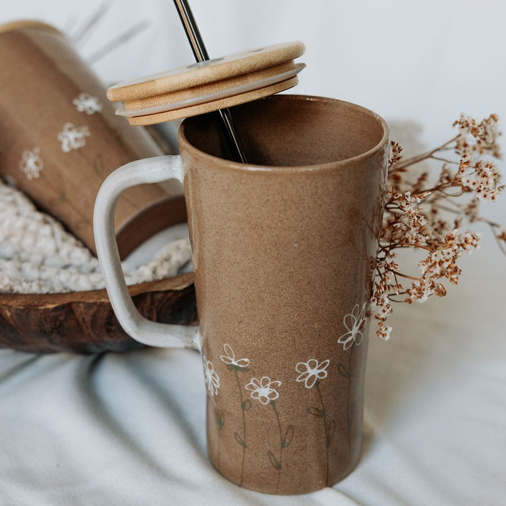 Iced Coffee To Go Cup - Product of Canada - Daisies Pottery Mug Design Lidded