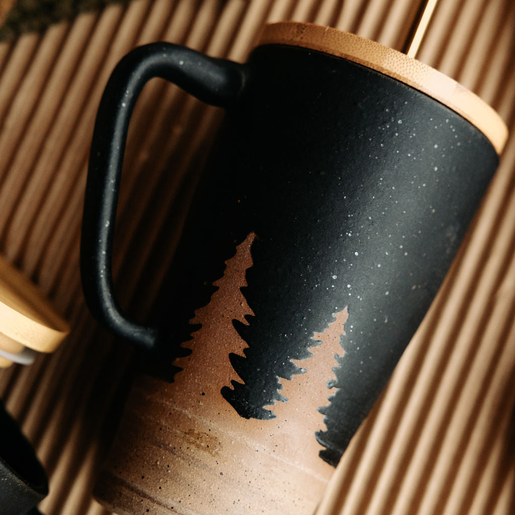 Lidded Pottery Mug in the Matte Black Evergreen Style (Mug Only, Lid and Straw not Included)
