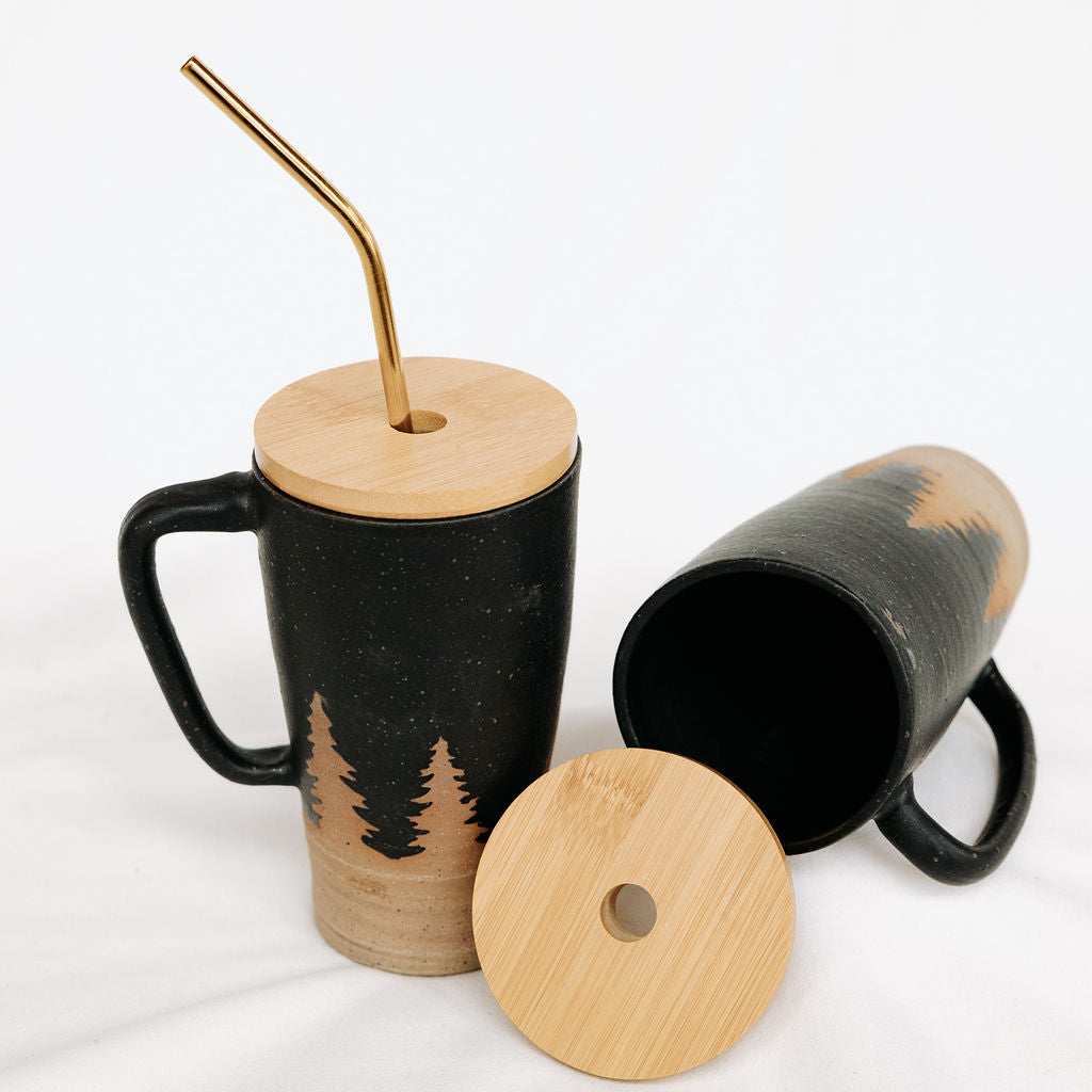 Lidded Pottery Mug in the Matte Black Evergreen Style (Mug Only, Lid and Straw not Included)