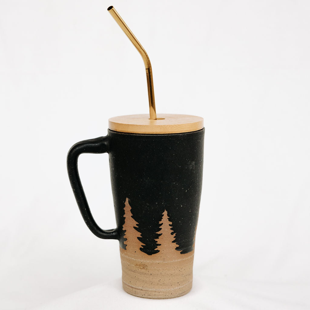 Lidded Pottery Mug in the Matte Black Evergreen Style (Mug Only, Lid and Straw not Included)