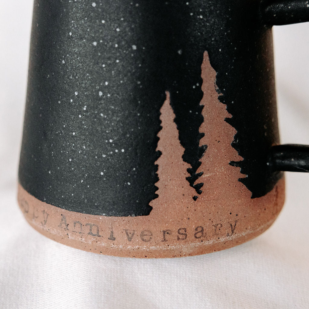 Evergreen or Pine Tree Coffee Pottery Mug with custom personalization available
