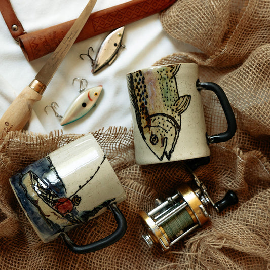 Trout Coffee Cup, Mug for Fisherman, Painted Pottery Mug