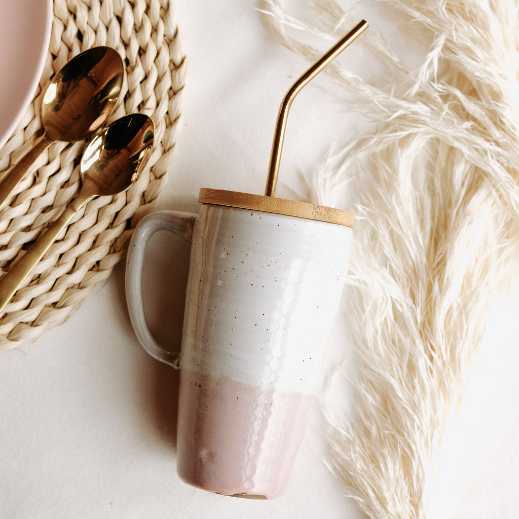 Lidded Pottery Mug in the Watercolour Styles (Mug Only, Lid and Straw not Included)