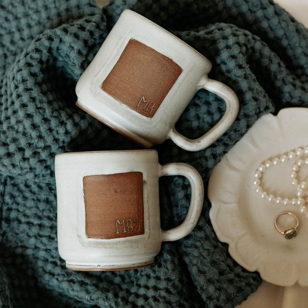 Mug - Cream and Rust Carved Mr. and Mrs.
