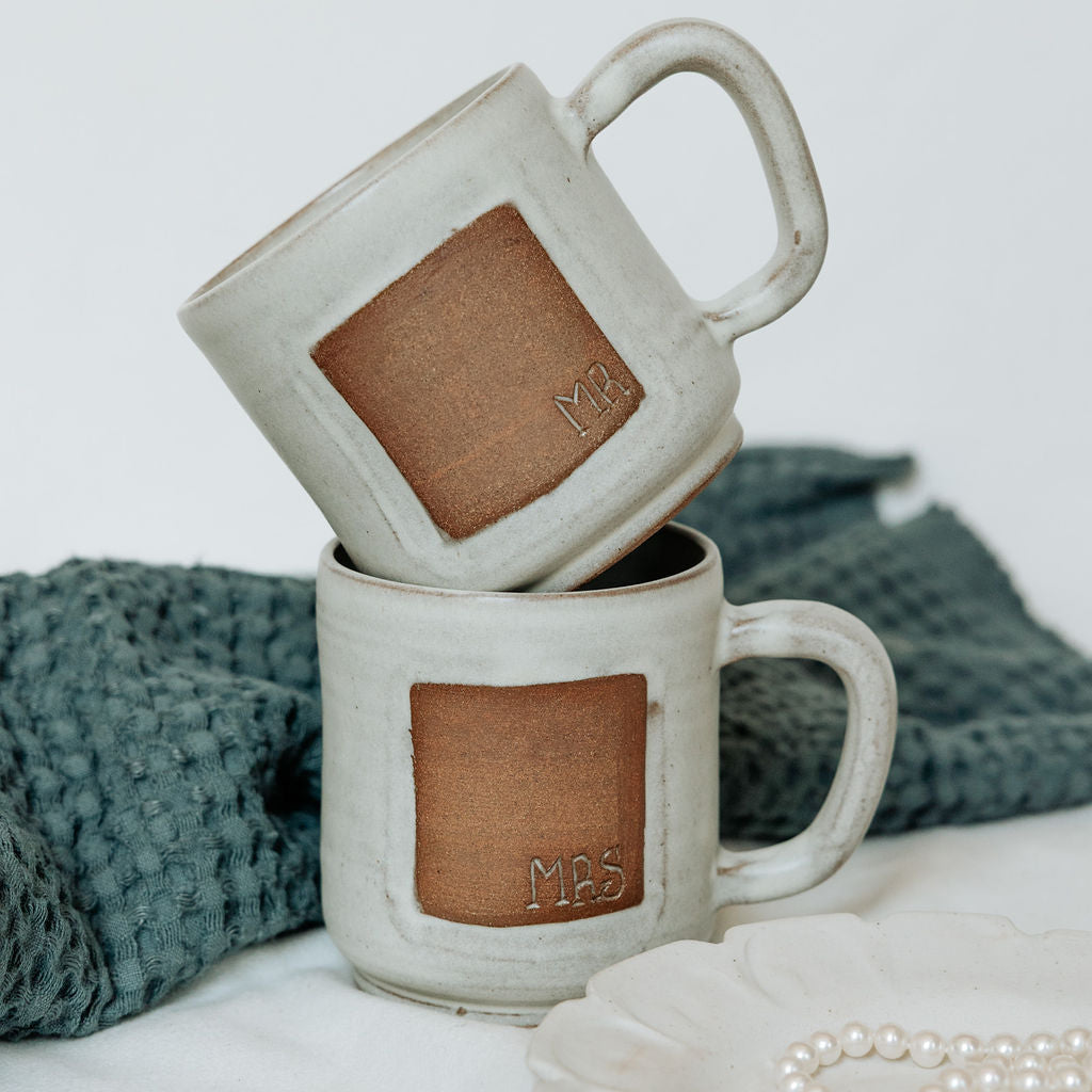 Mug - Cream and Rust Carved Mr. and Mrs.